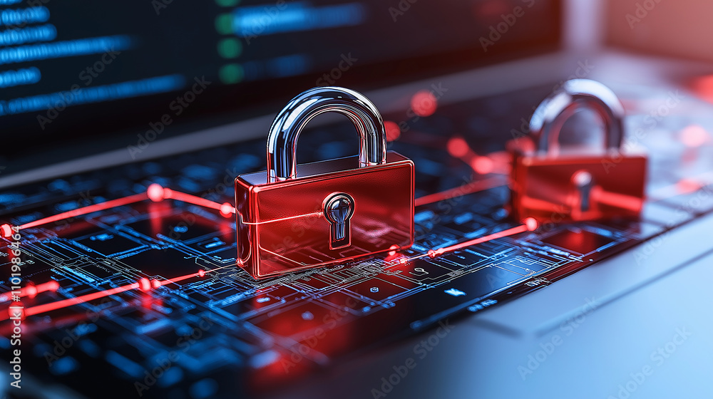 Poster close up of secure digital locks on computer keyboard, symbolizing cybersecurity