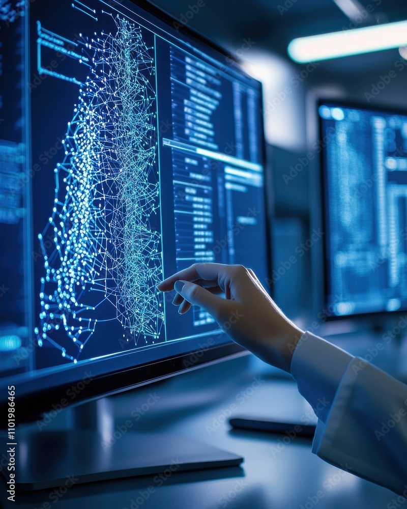 Poster a person is pointing at a computer screen with a blue background