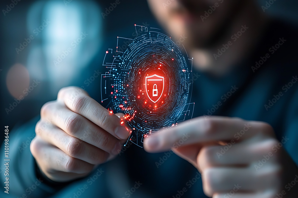 Poster holographic cyber alert ai-driven security in a neon-lit digital environment