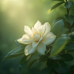 Fototapeta premium Delicate Gardenia Flower in Soft Sunlight and Green Hues