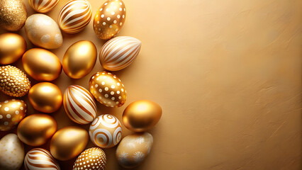 Golden Gradient Background with Metallic Hand-Painted Eggs and Right Copy Space. Perfect for: Easter, Elegant parties, Luxury promotions