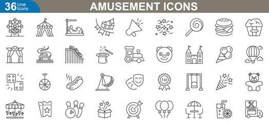 Amusement line icons set. Entertainment, rollercoaster, carousel, ticket, bumper cars, popcorn and more. vector illustration.