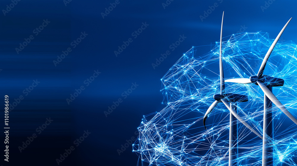 Poster close up of wind turbines generating renewable energy with digital effect