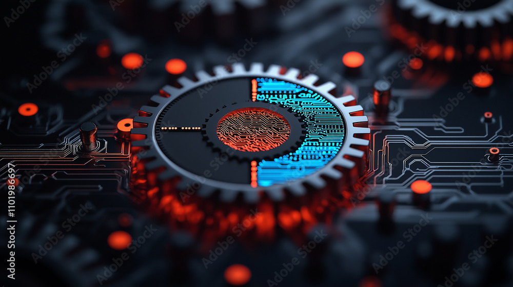 Poster close up of interconnected gears and circuits with vibrant colors