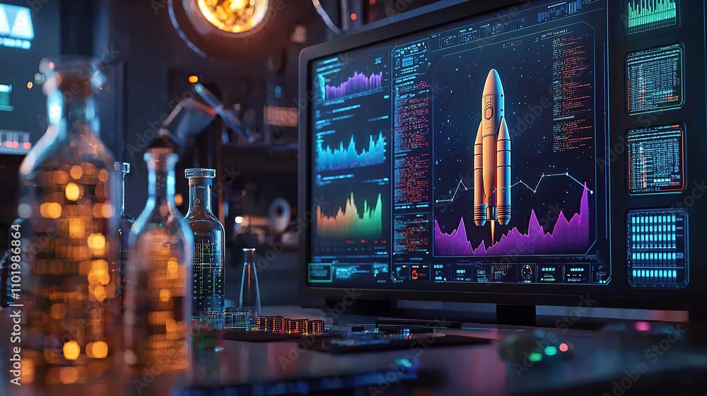 Aufkleber a high-tech workspace displaying rocket data and scientific equipment.