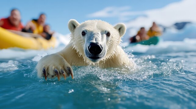 A polar bear advances in water towards the viewer as an icy backdrop looms, symbolizing resilience and the raw beauty of the Arctic wilderness.