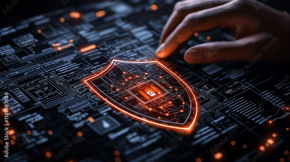 Poster digital shield symbolizes cybersecurity and data protection