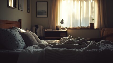 Cozy bedroom with soft lighting, inviting a sense of comfort and relaxation.