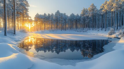 Serene winter landscape with a frozen lake and sunlit trees.