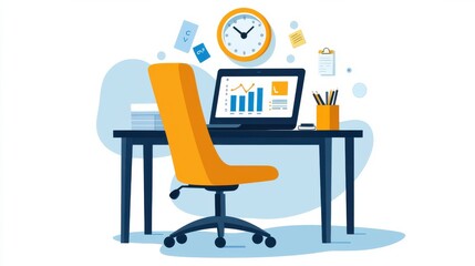 A computer desk with a yellow chair and a laptop