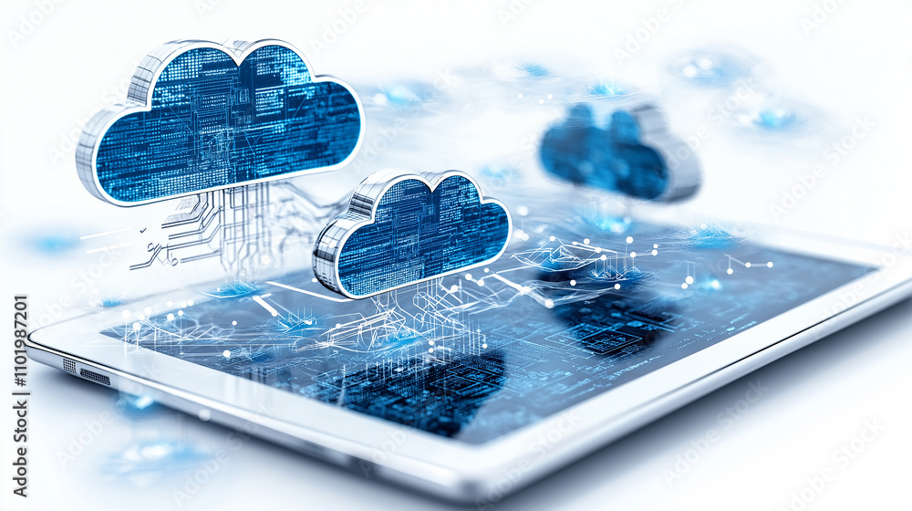 Leinwandbilder digital cloud network connecting devices and systems on tablet