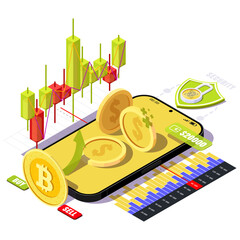 Isometric illustration concept of Cryptocurrency trading. Investment in digital money, illustration for banner, website design, landing page.