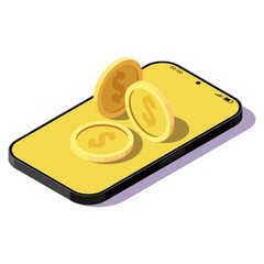 A smartphone with gold coins on the screen. The concept of dollar trading. Vector illustration on white background