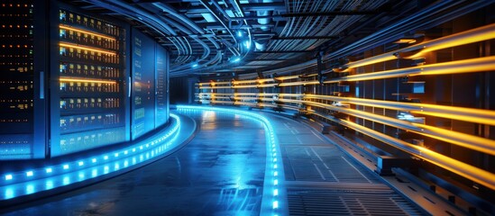 Futuristic cyberpunk style datacenter corridor with rows of computer server racks and glowing neon blue and orange lighting illuminating the minimal industrial interior design