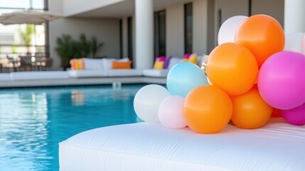 Clusters of vibrant orange and pastel balloons rest on a luxurious poolside lounge, offering a lively and colorful accent, perfect for any festive celebration or event.