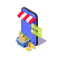 Isometric illustration of the concept of an online store with a shopping cart and products on the phone