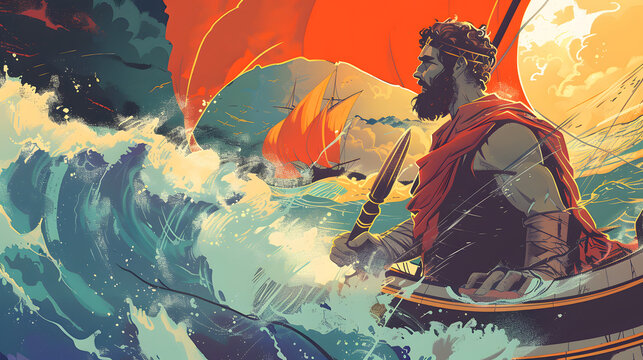 Odysseus old greek hero on his odyssey with his ship, anicent greek mythology illustration