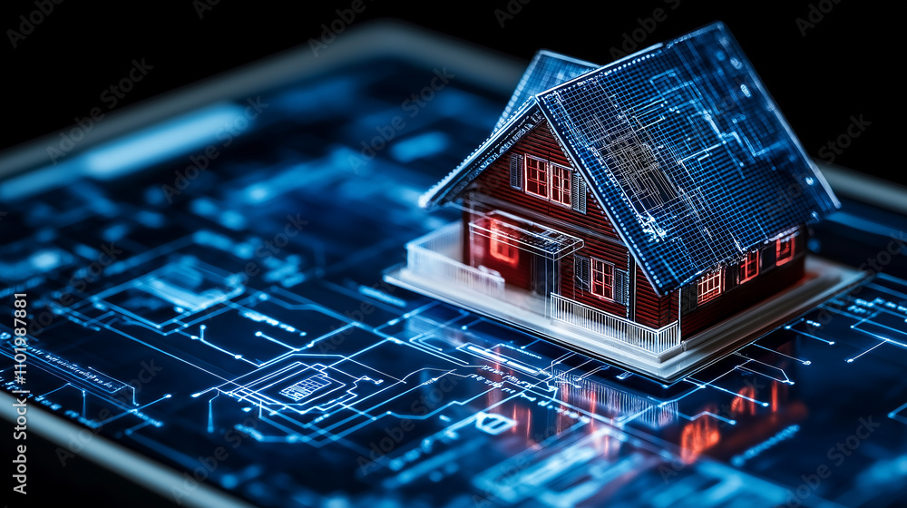 Aufkleber futuristic home model with smart technology on digital interface