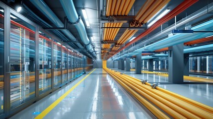 Futuristic industrial hallway with illuminated metal pipes glass panels and clean geometric patterns  The modern efficient looking architecture and lighting create a dynamic