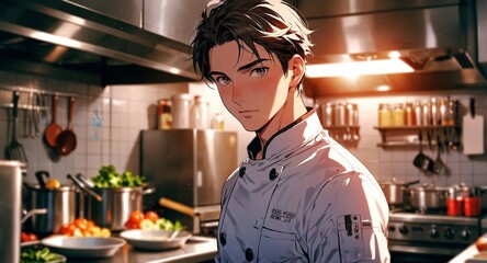 Portrait of chef in kitchen, illustration in anime style