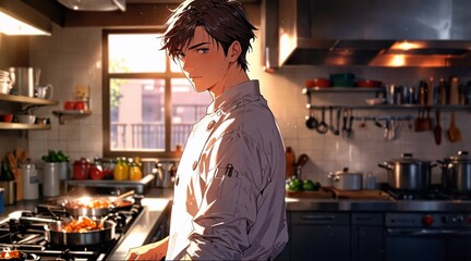 Portrait of chef in kitchen, illustration in anime style