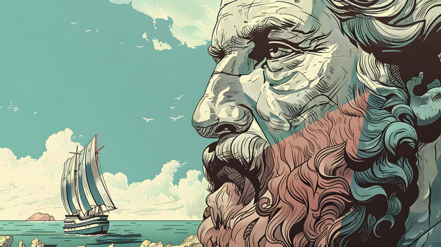 Odysseus old greek hero on his odyssey with his ship, anicent greek mythology illustration