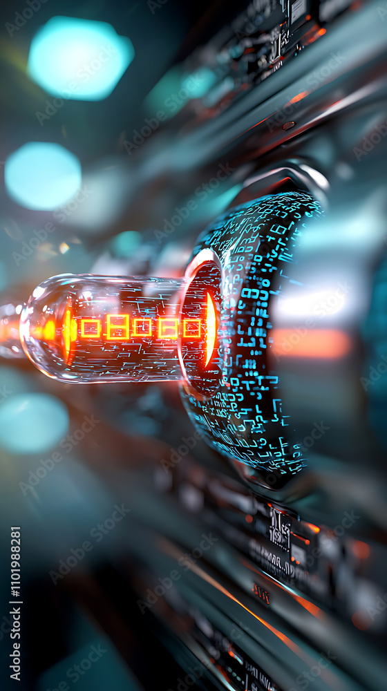 Aufkleber holographic quantum encryption device technology lab digital art futuristic environment close-up vie