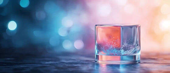 Chilled crystal glass with neon holographic effects abstract background modern art calm atmosphere close-up view conceptual design