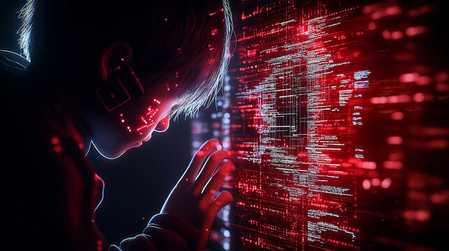 young person interacts with digital interface, surrounded by red data