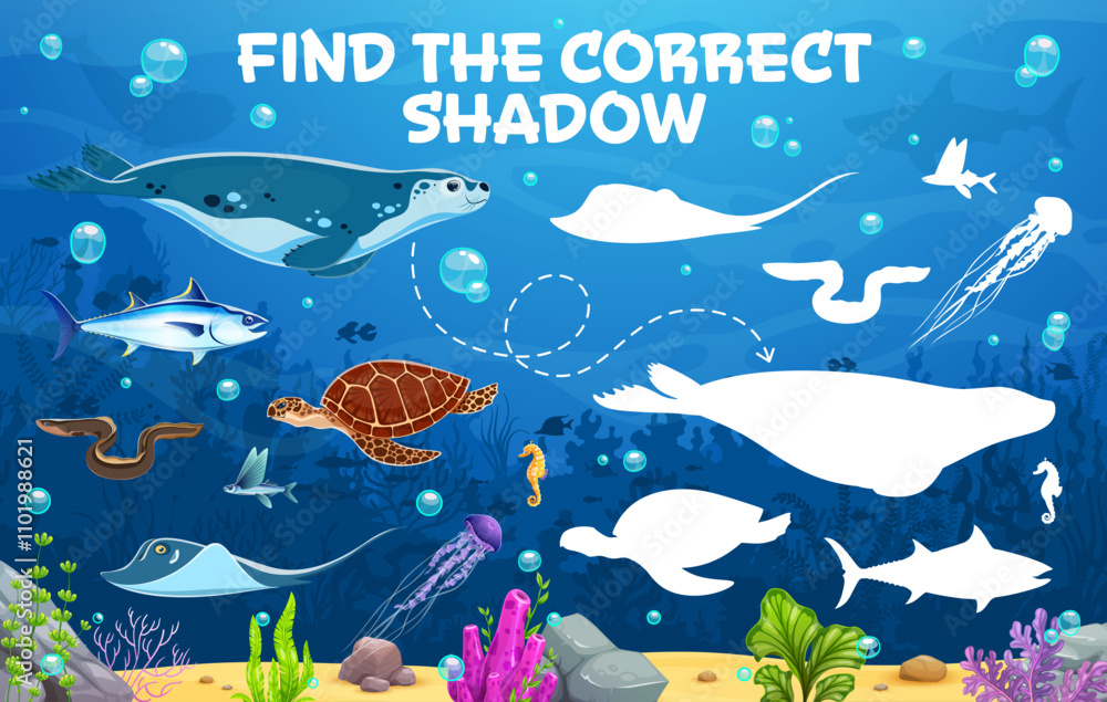 Poster find correct shadow of cartoon funny sea animals for kids game, vector quiz worksheet. find and matc