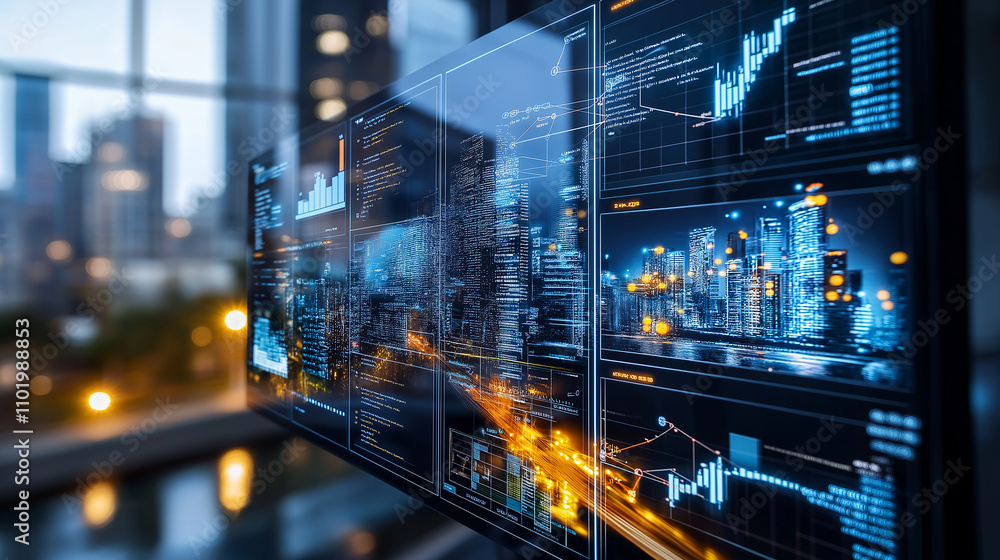Poster modern office workspace with multiple screens displaying data visualizations and city views