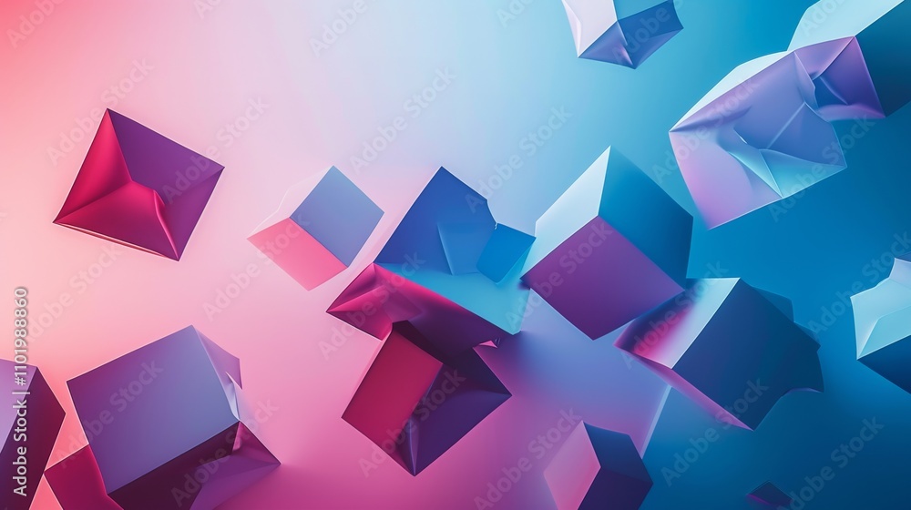 Poster a dynamic 3d rendering of abstract cubes floating in space against a soft gradient backdrop of blue 