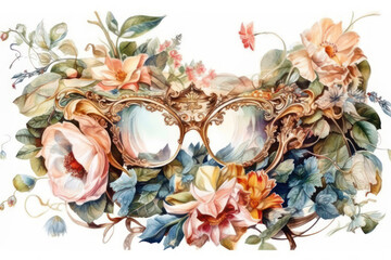 elegant, decorative glasses framed with a variety of bright and colorful flowers 