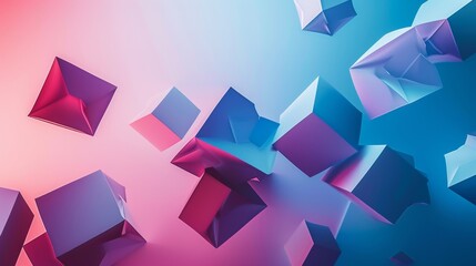 A dynamic 3D rendering of abstract cubes floating in space against a soft gradient backdrop of blue and pink hues. The futuristic design and clean lines create a modern, digital atmosphere.