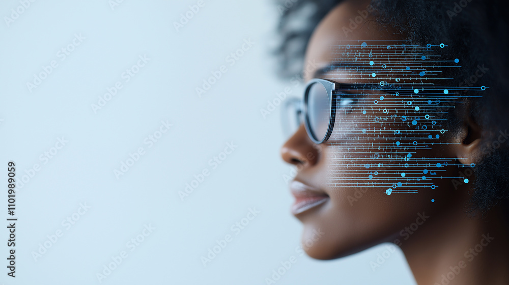 Poster person using facial recognition technology with digital elements