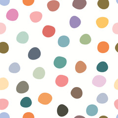 Seamless pattern with colorful polka dots on white background.