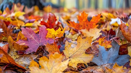 Obraz premium Colorful autumn maple leaves scattered on ground.