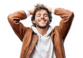 Happy young man in white hoodie and orange jacket enjoying music with eyes closed against transparent background