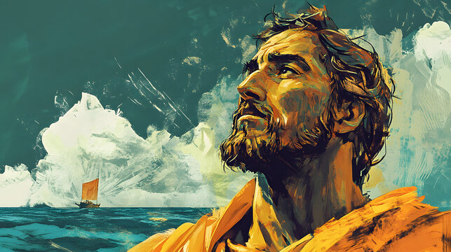 Odysseus old greek hero on his odyssey with his ship, anicent greek mythology illustration