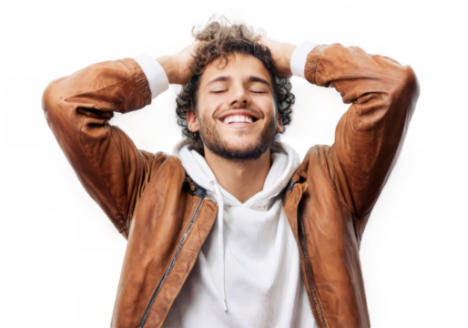 Happy young man in white hoodie and orange jacket enjoying music with eyes closed against transparent background