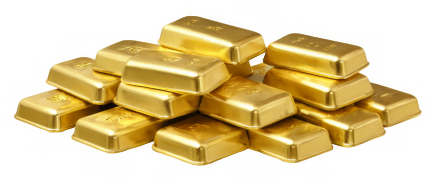 Shiny gold bars in various shapes stacked on each other against a transparent background in a realistic 3D rendering.