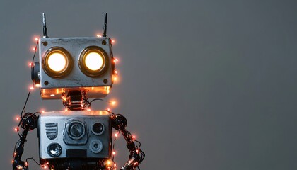 A futuristic robot embellished with glowing Christmas tree lights embodies the spirit of festive innovation and creativity in Christmas celebrations.
