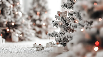 white christmas tree with snow and ornaments background 