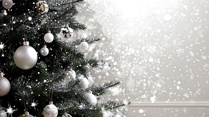 white christmas tree with snow and ornaments background 