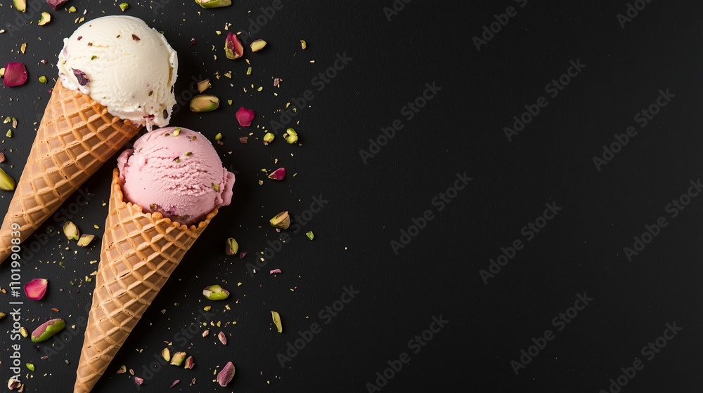 Poster two colorful ice cream cones topped with pistachios and rose petals on a dark background create a te