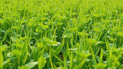 Fototapeta premium Field with lush green potato plants growing amidst the tall grass, crop growth, potato fields