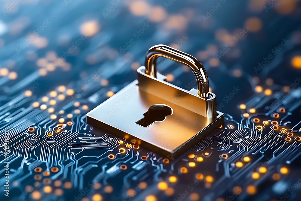 Poster cybersecurity event featuring quantum code protection hologram display in modern technology environm