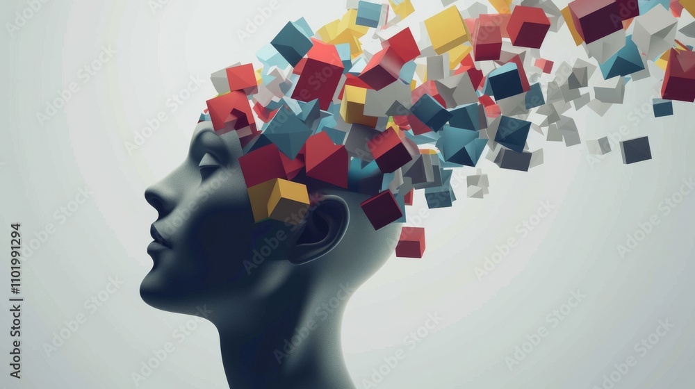 Poster a vivid digital rendering of a human silhouette with multicolored cubes exploding from its head. thi