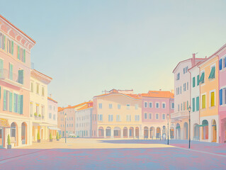 Obraz premium A quiet city square in early morning light in pastel colors, evoking calm and serenity in an urban setting