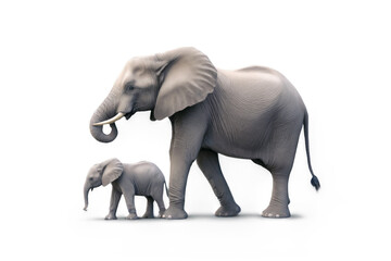 Obraz premium Mother and baby elephants in peaceful pose, mother standing with trunk raised, baby walking beside her, facing same direction.